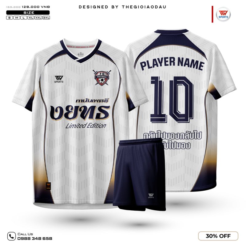 Áo bóng đá trắng xanh đen viền vàng – Thiết kế thể thao năng động, in tên theo yêu cầu