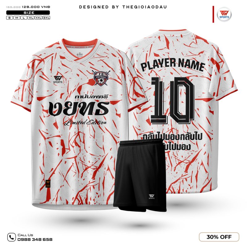 Áo Đấu Bóng Đá Màu Trắng Viền Đỏ Đen - Thiết Kế Cá Tính, Thấm Hút Tốt