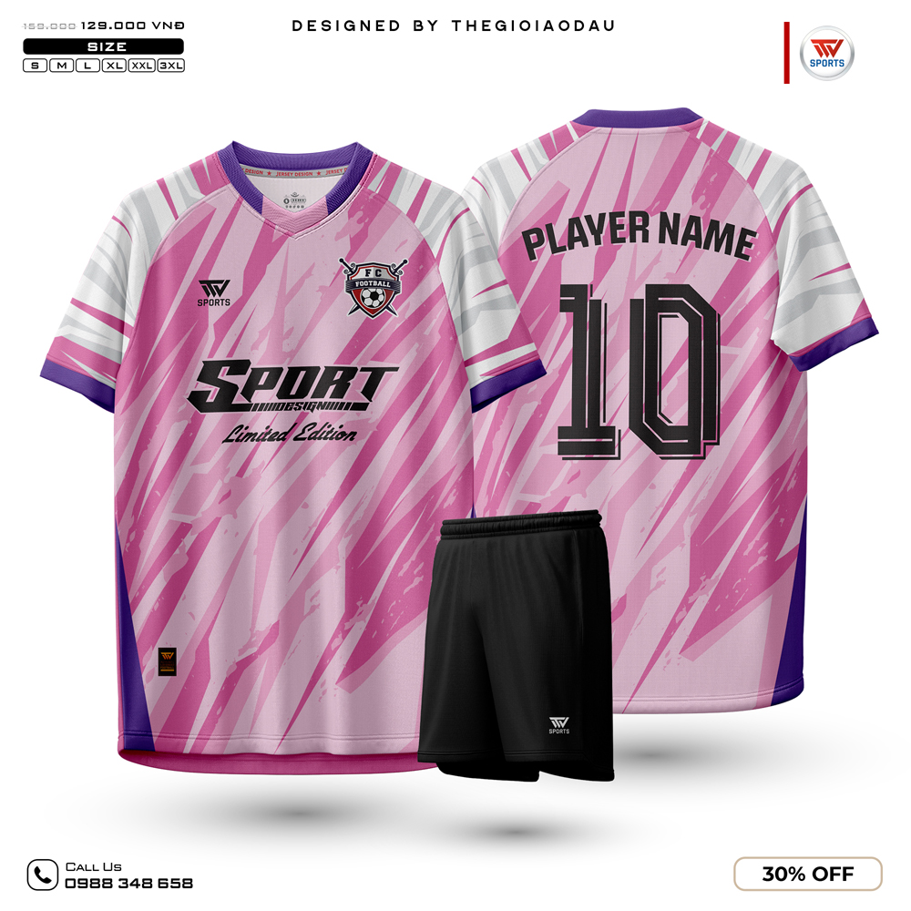 Áo đá bóng màu hồng pastel phối tím trắng đen, phù hợp đội bóng phong trào, nữ, trẻ trung