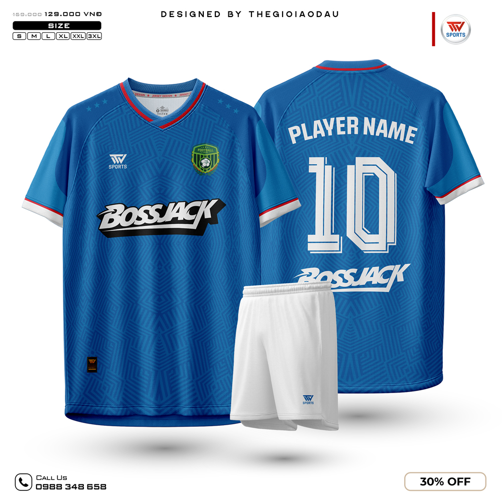 Bộ quần áo đá bóng nam màu xanh dương viền đỏ trắng, quần trắng - thiết kế thể thao hiện đại