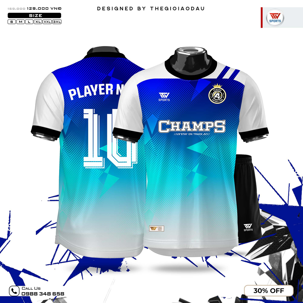 Áo bóng đá màu xanh dương trắng họa tiết gradient