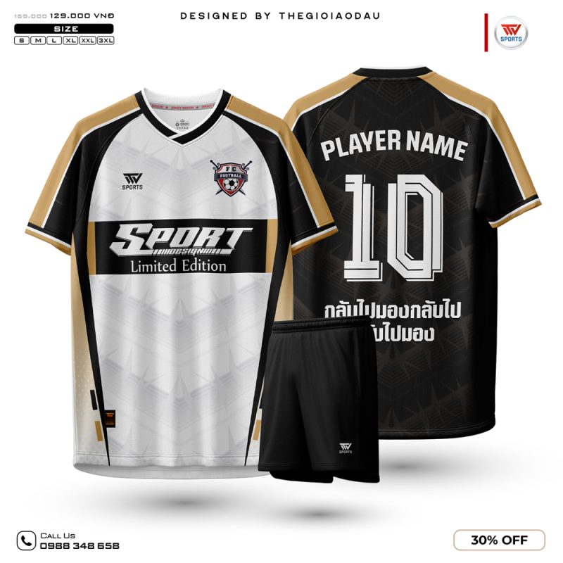 Áo đấu thể thao Trắng Đen viền vàng đồng - Phong cách hiện đại và mạnh mẽ