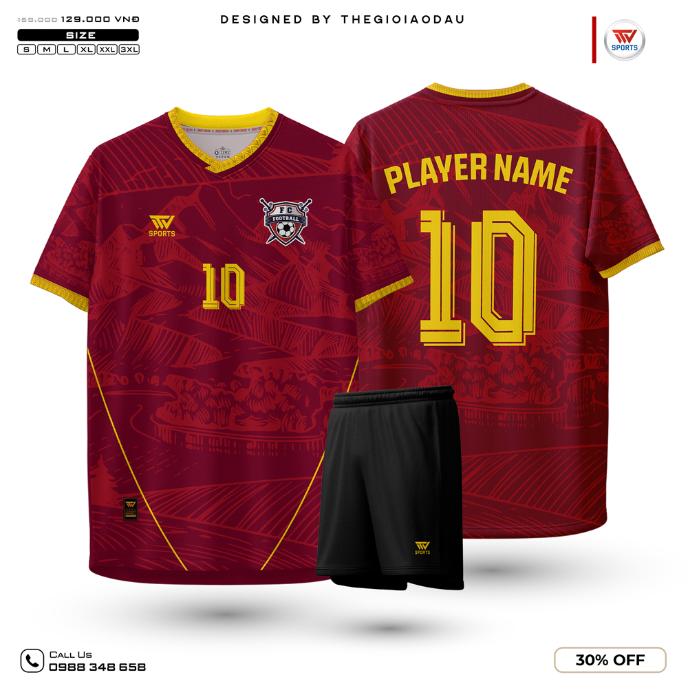 Áo bóng đá màu đỏ đô viền vàng năng động và đậm chất thể thao