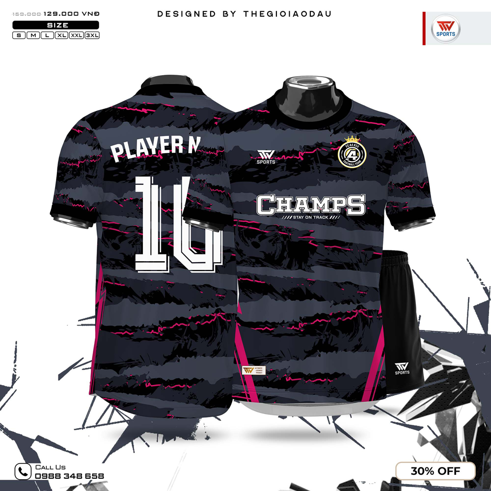 Áo bóng đá màu đen phối camo xám và hồng neon