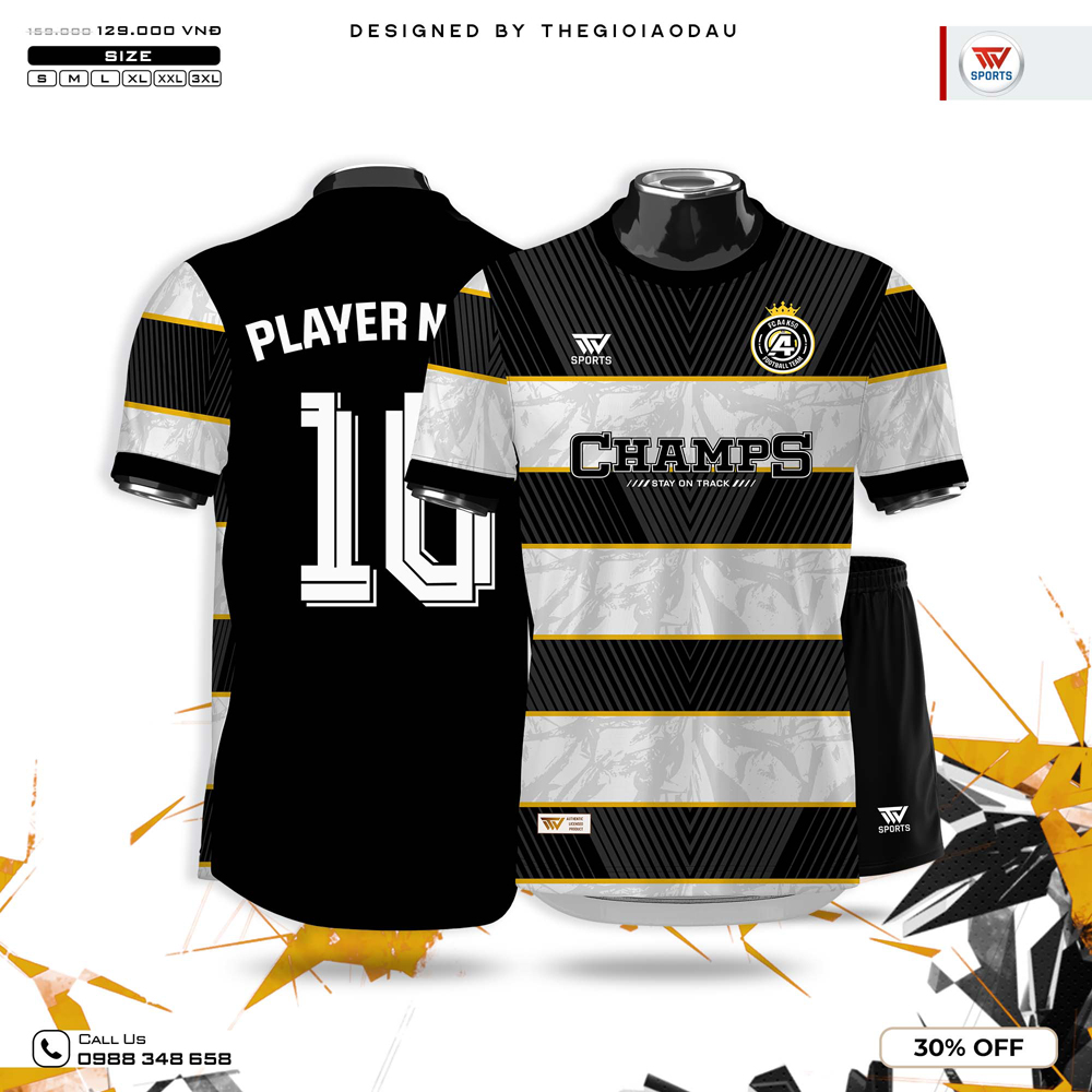 Áo bóng đá thiết kế đen trắng xám viền vàng sang trọng