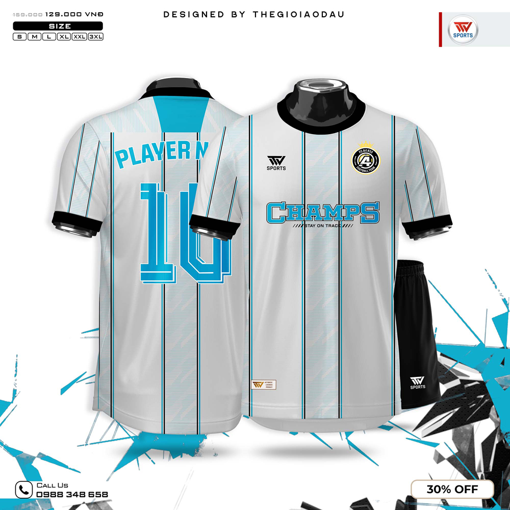 Bộ đồ bóng đá CHAMPS trắng ngọc trai viền xanh đen cao cấp